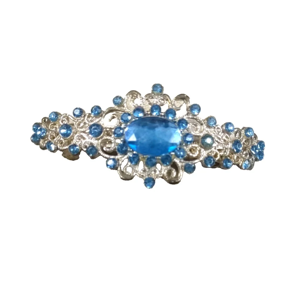 Light Blue Rhinestone Silver Tone Hair Barrette Tension Clip Elegant Feminine